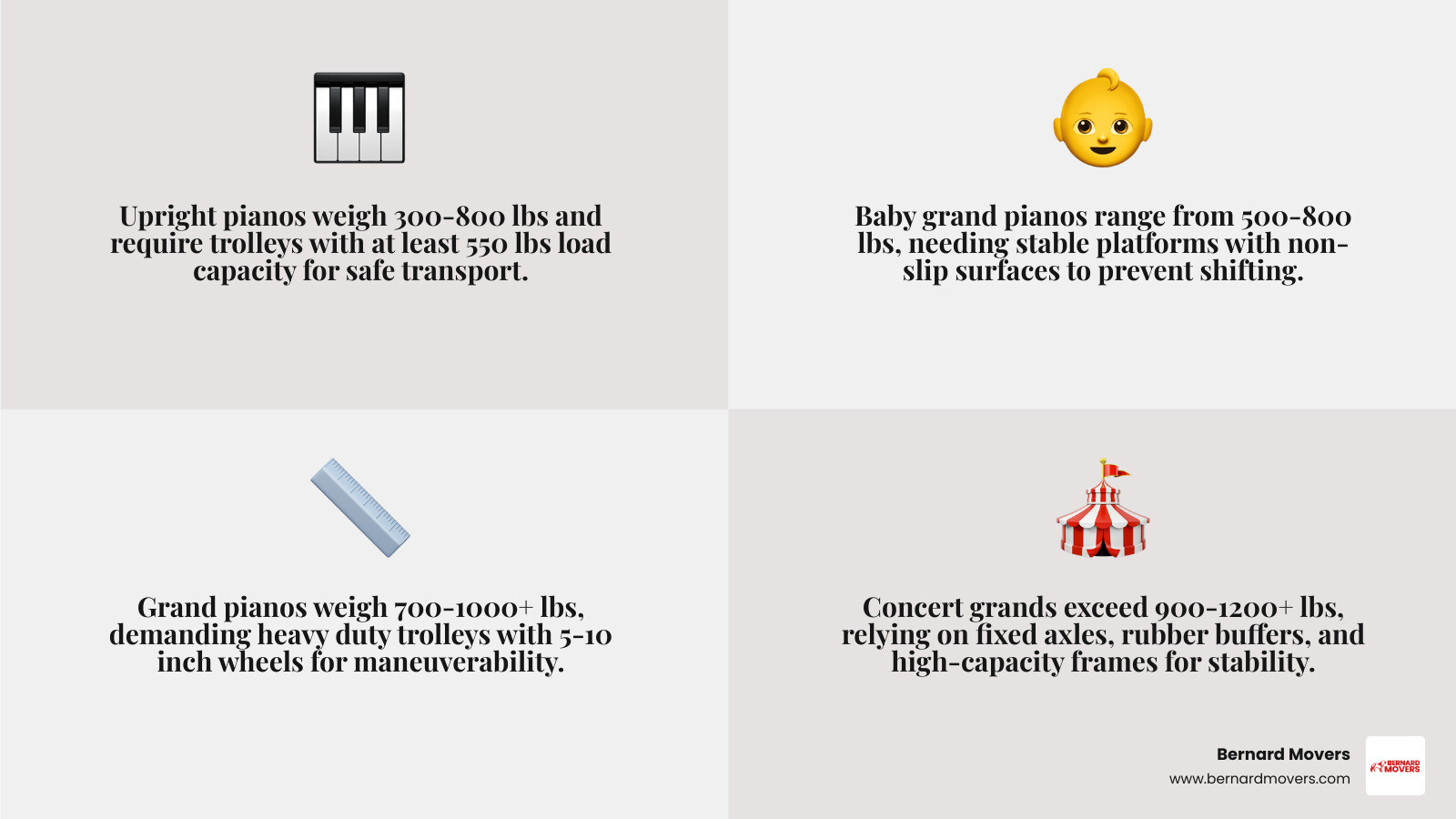 Infographic showing piano weight categories (upright 300-800 lbs, baby grand 500-800 lbs, grand 700-1000+ lbs, concert grand 900-1200+ lbs) alongside corresponding trolley load capacity requirements, wheel type recommendations for different surfaces, and key safety features including fixed axles for stability, rubber buffers for corner protection, and non-slip surfaces to prevent instrument shifting during transport - heavy duty piano trolley infographic 4_facts_emoji_grey
