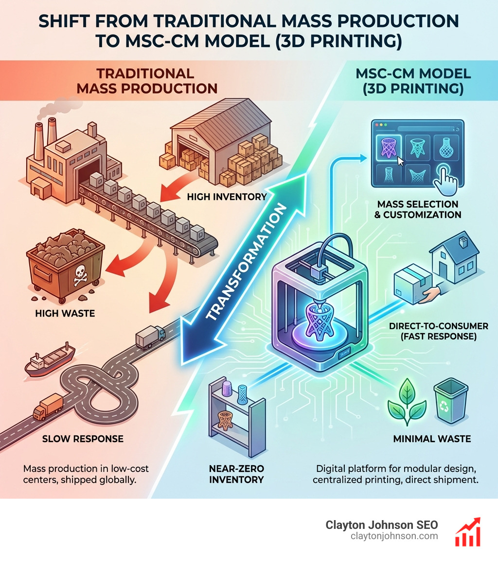 infographic showing the shift from traditional mass production to the MSC-CM model using 3D printing, highlighting the reduction in waste and inventory - Business model innovation canvas infographic infographic showing the shift from traditional mass production to the MSC-CM model using 3D printing, highlighting the reduction in waste and inventory - Business model innovation canvas infographic