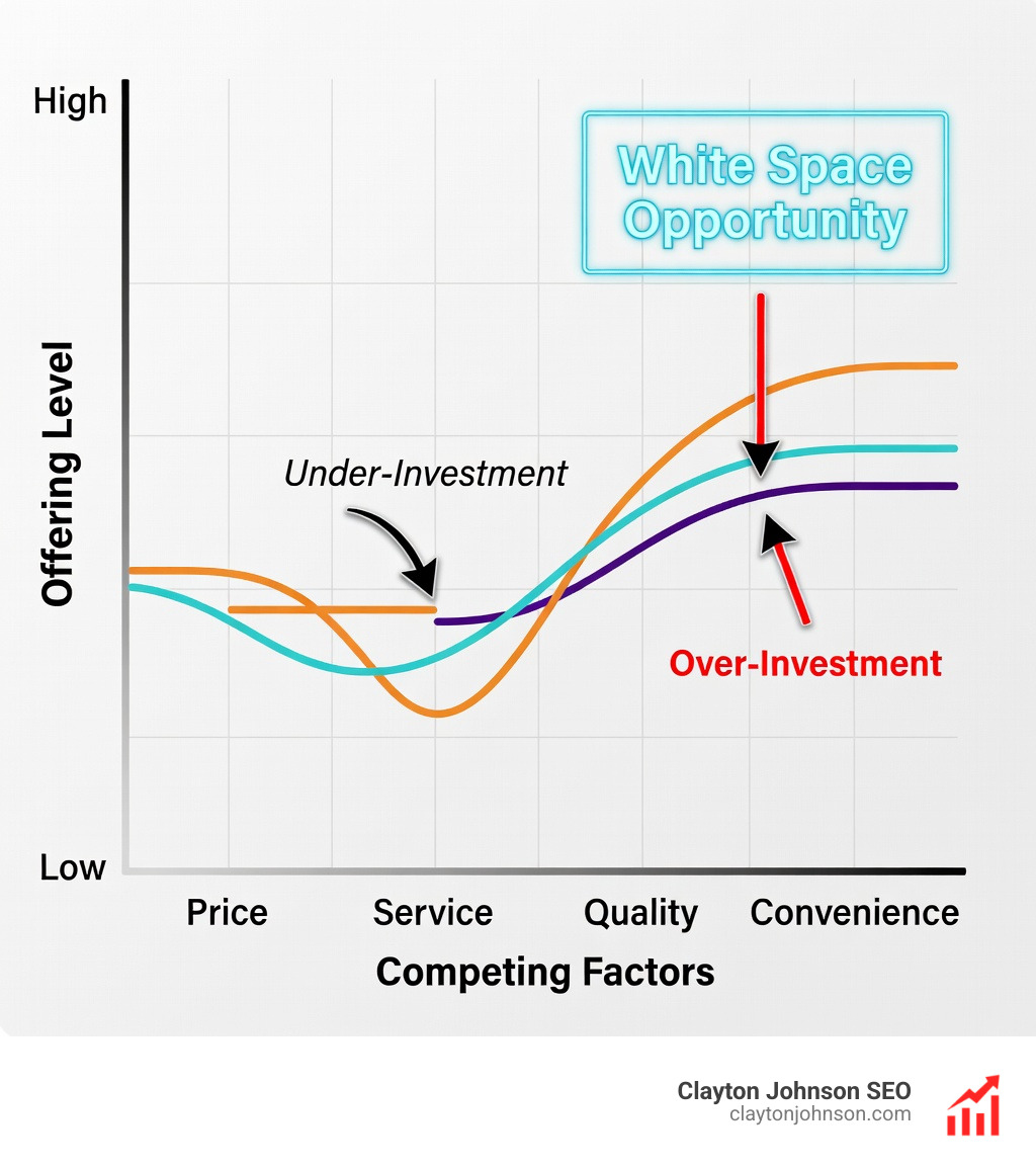 Infographic showing the key elements of a Strategy Canvas: horizontal axis listing competing factors like price, service, quality, and convenience; vertical axis showing offering levels from low to high; multiple value curves representing different competitors' strategic profiles; annotations highlighting areas of over-investment, under-investment, and white space opportunities for blue ocean differentiation - Canvas for competitive strategy infographic 