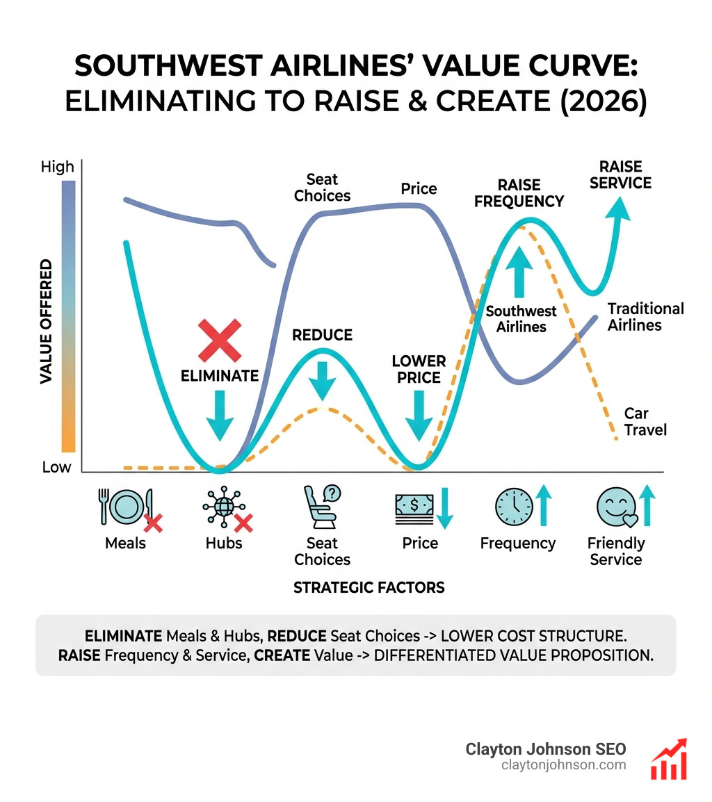 Infographic comparing Southwest Airlines' value curve against traditional airlines and car travel, showing how they eliminated meals and hubs to raise frequency and lower price - Canvas for competitive strategy infographic 