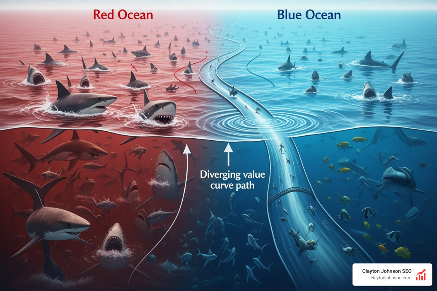 W. Chan Kim and Renée Mauborgne’s Blue Ocean framework showing the shift from Red Ocean to Blue Ocean - Canvas for competitive strategy