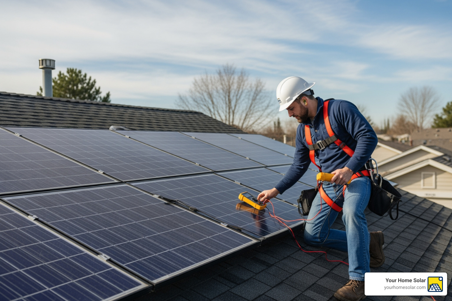 technician inspecting solar panels on a roof - solar panel warranty technician inspecting solar panels on a roof - solar panel warranty