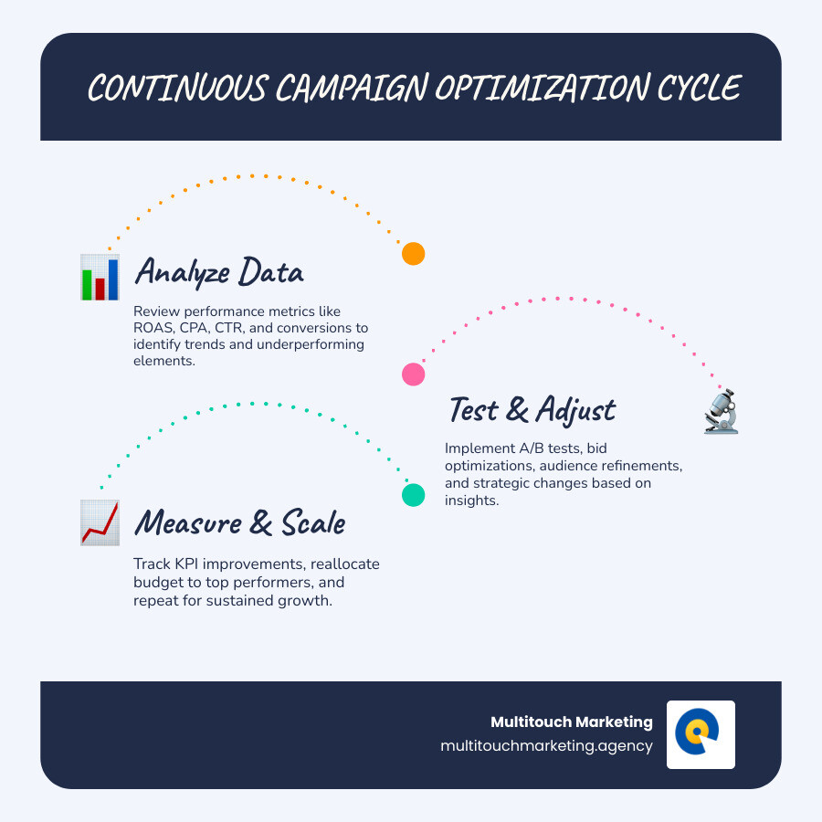 Infographic showing the continuous campaign optimization cycle: Analyze performance data, identify improvement opportunities, implement strategic adjustments through A/B testing and bid optimization, measure results against KPIs, refine targeting and creative, reallocate budget to winners, and repeat the cycle for ongoing performance gains - Campaign optimization services infographic infographic-line-3-steps-blues-accent_colors Infographic showing the continuous campaign optimization cycle: Analyze performance data, identify improvement opportunities, implement strategic adjustments through A/B testing and bid optimization, measure results against KPIs, refine targeting and creative, reallocate budget to winners, and repeat the cycle for ongoing performance gains - Campaign optimization services infographic infographic-line-3-steps-blues-accent_colors