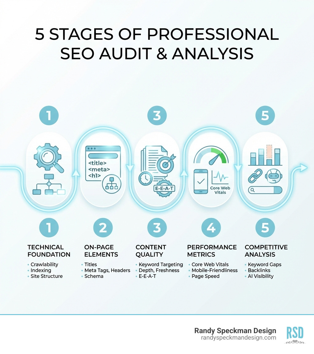Infographic showing the 5 stages of professional SEO audit and analysis: Stage 1 Technical Foundation (crawlability, indexing, site structure), Stage 2 On-Page Elements (titles, meta tags, headers, schema), Stage 3 Content Quality (keyword targeting, depth, freshness, E-E-A-T), Stage 4 Performance Metrics (Core Web Vitals, mobile-friendliness, page speed), Stage 5 Competitive Analysis (keyword gaps, backlinks, AI visibility) - SEO audit and analysis infographic 