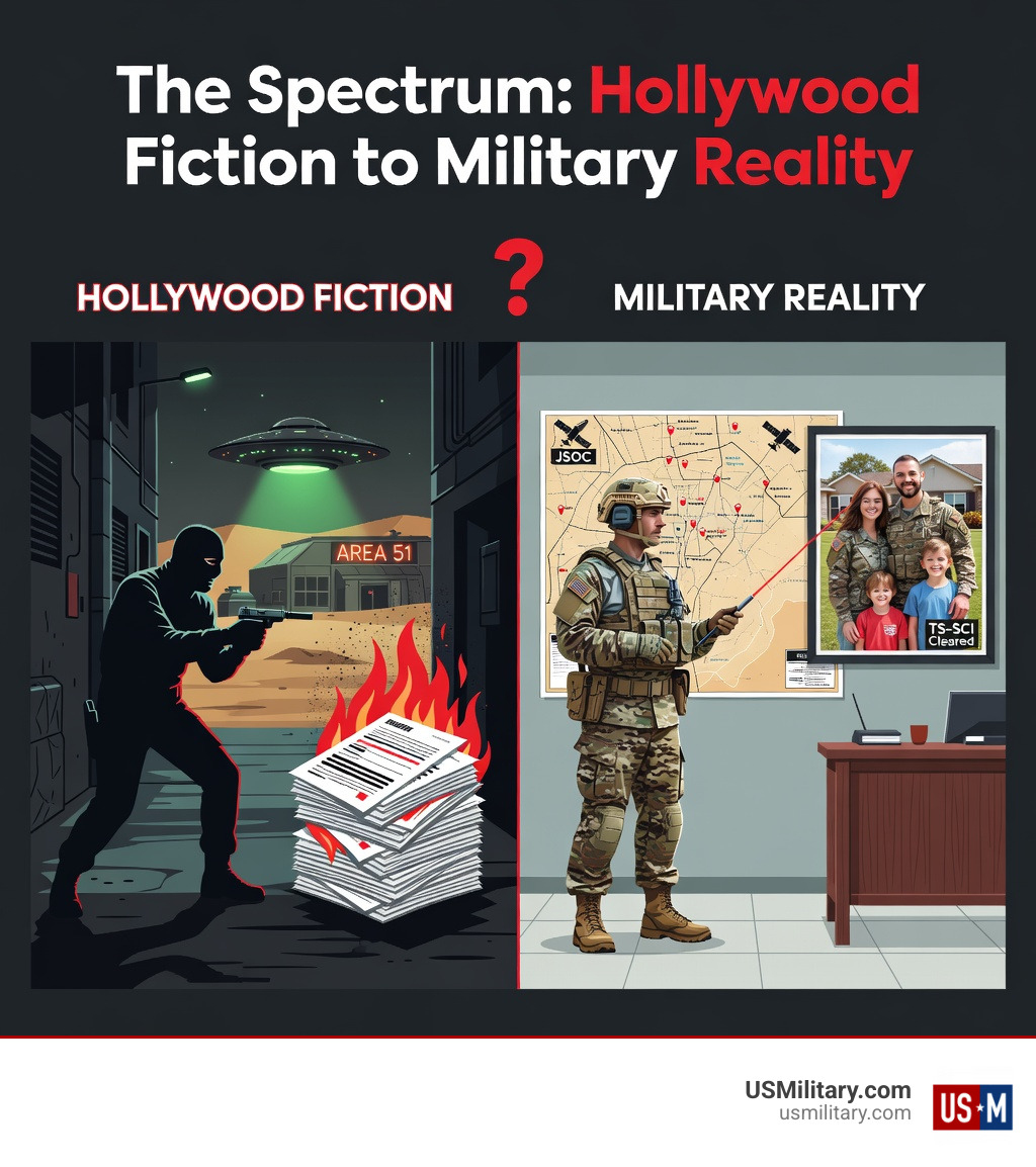 Infographic showing the spectrum from Hollywood fiction (assassins with no identity, Area 51 conspiracies, erased records) to Military Reality (elite special operations units like SEAL Team Six and Delta Force, TS-SCI clearances, legal frameworks under Title 10/50, personnel maintain normal lives and official records, roles like Counterintelligence Agent MOS 35L or Special Operations Forces) - does the us military designate a job for top secret assassins infographic 