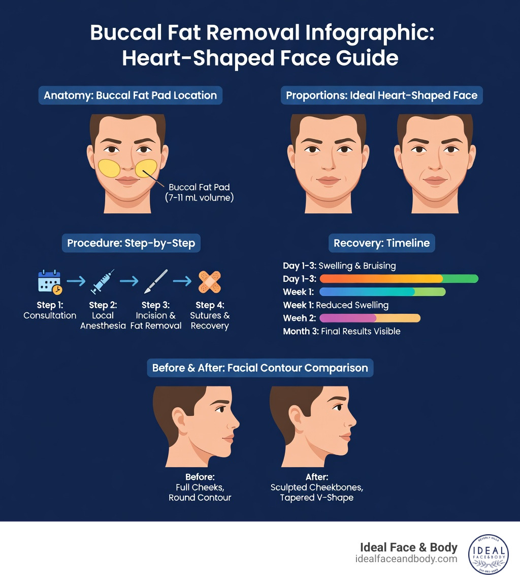 infographic showing buccal fat pad location, ideal heart-shaped face proportions, procedure steps from consultation to final results, recovery timeline, and before-after facial contour comparison - buccal fat removal for heart-shaped face infographic infographic showing buccal fat pad location, ideal heart-shaped face proportions, procedure steps from consultation to final results, recovery timeline, and before-after facial contour comparison - buccal fat removal for heart-shaped face infographic