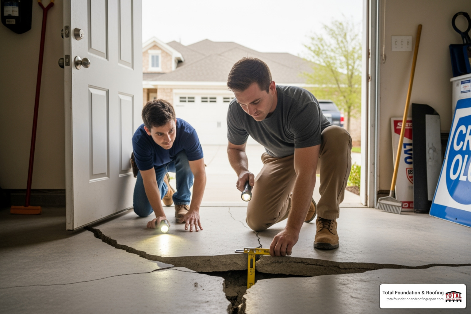 Professional technician inspecting a cracked concrete floor - foundation repair concrete slab