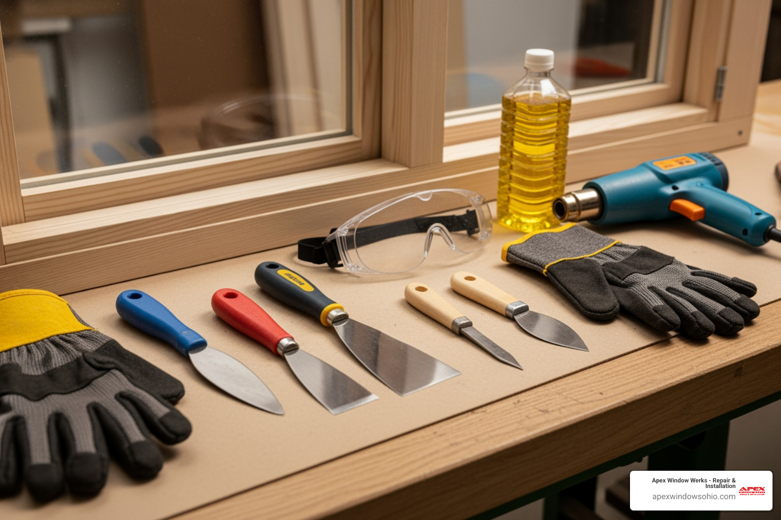 essential glazing tools: putty knives, glazier points, safety goggles, cut-proof gloves, heat gun, and linseed oil - fixing glass in wooden windows essential glazing tools: putty knives, glazier points, safety goggles, cut-proof gloves, heat gun, and linseed oil - fixing glass in wooden windows
