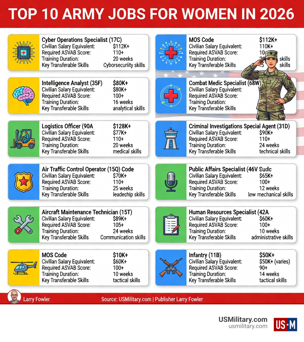 Infographic showing the top 10 Army jobs for women in 2026 with MOS codes, civilian salary equivalents, required ASVAB scores, training duration, and key transferable skills for each position - top 10 army jobs for women 2026 infographic Infographic showing the top 10 Army jobs for women in 2026 with MOS codes, civilian salary equivalents, required ASVAB scores, training duration, and key transferable skills for each position - top 10 army jobs for women 2026 infographic