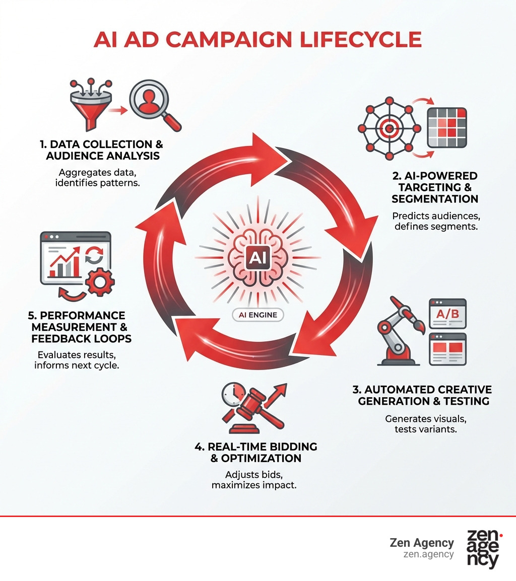 Infographic showing the AI ad campaign lifecycle: data collection and audience analysis, AI-powered targeting and segmentation, automated creative generation and testing, real-time bidding and optimization, performance measurement and feedback loops - AI driven ad campaigns infographic Infographic showing the AI ad campaign lifecycle: data collection and audience analysis, AI-powered targeting and segmentation, automated creative generation and testing, real-time bidding and optimization, performance measurement and feedback loops - AI driven ad campaigns infographic