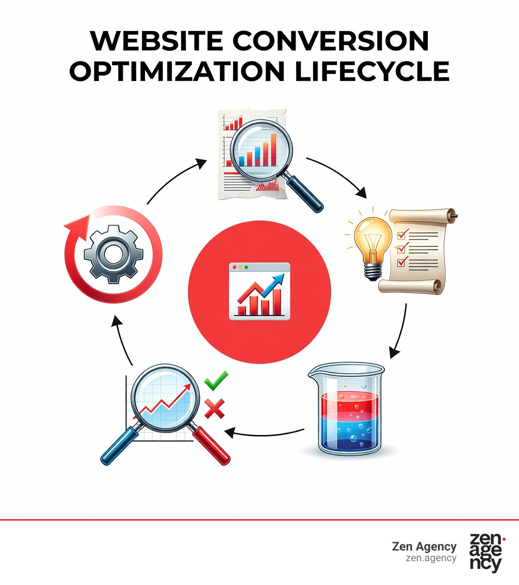 Infographic showing the website conversion optimization lifecycle: research and data collection, hypothesis development, A/B testing implementation, analysis of results, and continuous iteration - website conversion optimization infographic Infographic showing the website conversion optimization lifecycle: research and data collection, hypothesis development, A/B testing implementation, analysis of results, and continuous iteration - website conversion optimization infographic
