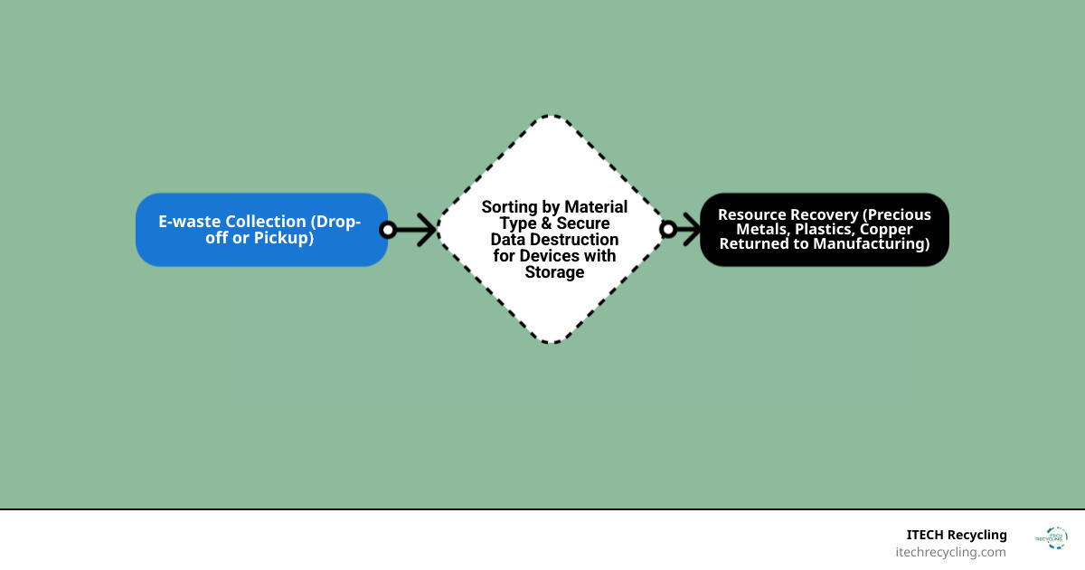 Infographic showing the electronics recycling process in Chicago suburbs: 1) Locate drop-off site or schedule pickup, 2) Erase personal data from devices, 3) Transport items to collection center, 4) Items sorted by material type, 5) Data-containing devices securely destroyed, 6) Materials processed for resource recovery including precious metals and plastics, 7) Recycled materials returned to manufacturing - electronics recycling chicago suburbs infographic flowmap_simple Infographic showing the electronics recycling process in Chicago suburbs: 1) Locate drop-off site or schedule pickup, 2) Erase personal data from devices, 3) Transport items to collection center, 4) Items sorted by material type, 5) Data-containing devices securely destroyed, 6) Materials processed for resource recovery including precious metals and plastics, 7) Recycled materials returned to manufacturing - electronics recycling chicago suburbs infographic flowmap_simple
