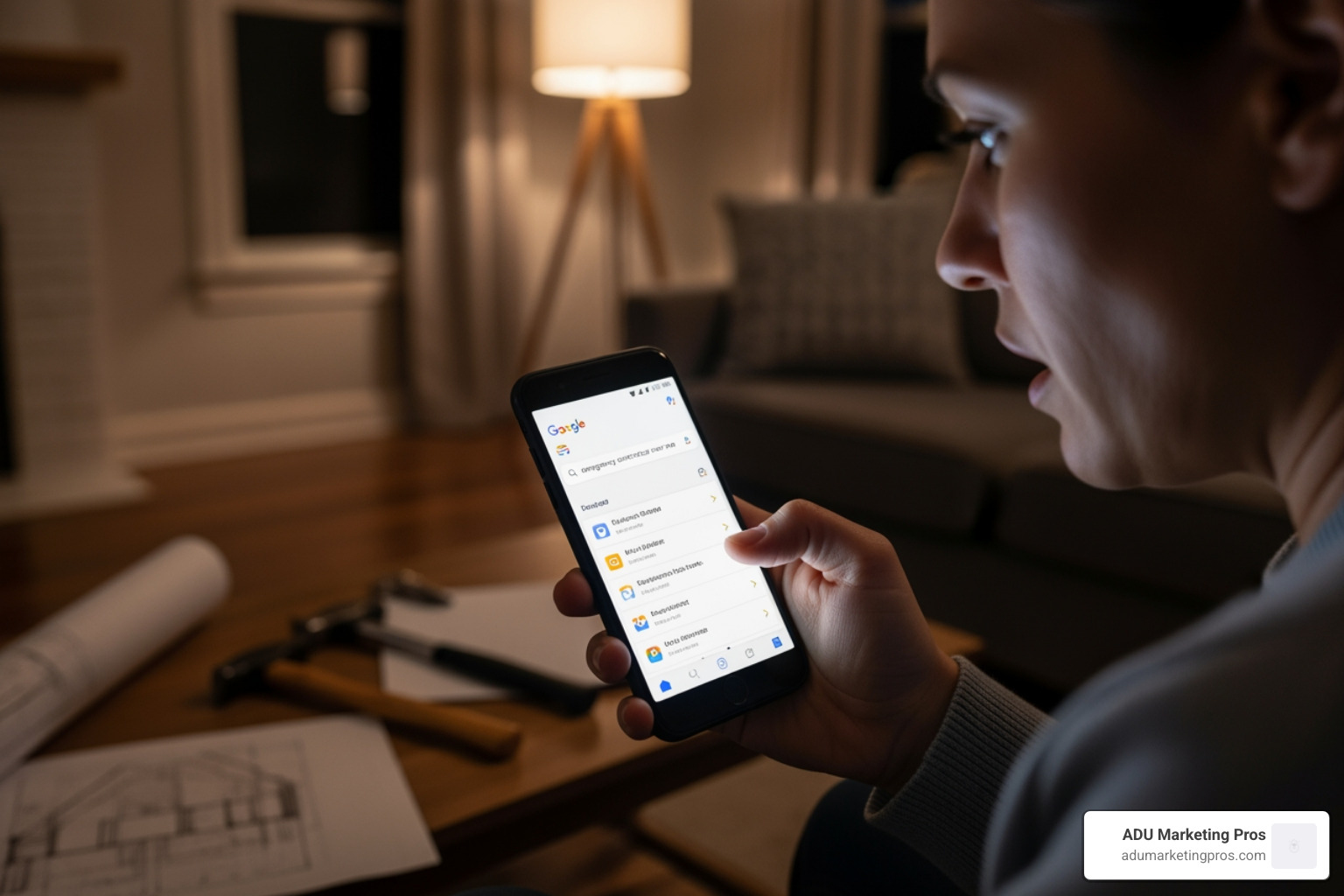 Homeowner searching for a contractor on a smartphone - SEO for contractors