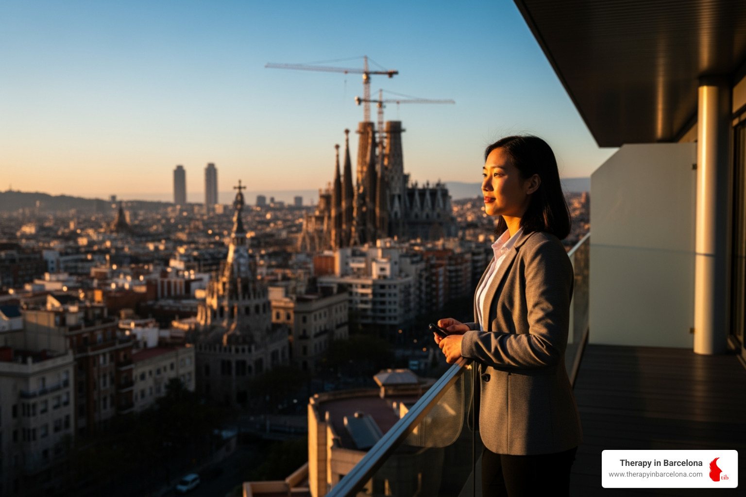 International professional looking over the Barcelona skyline reflecting on their journey - therapy in barcelona english speaking therapists counselors coaches