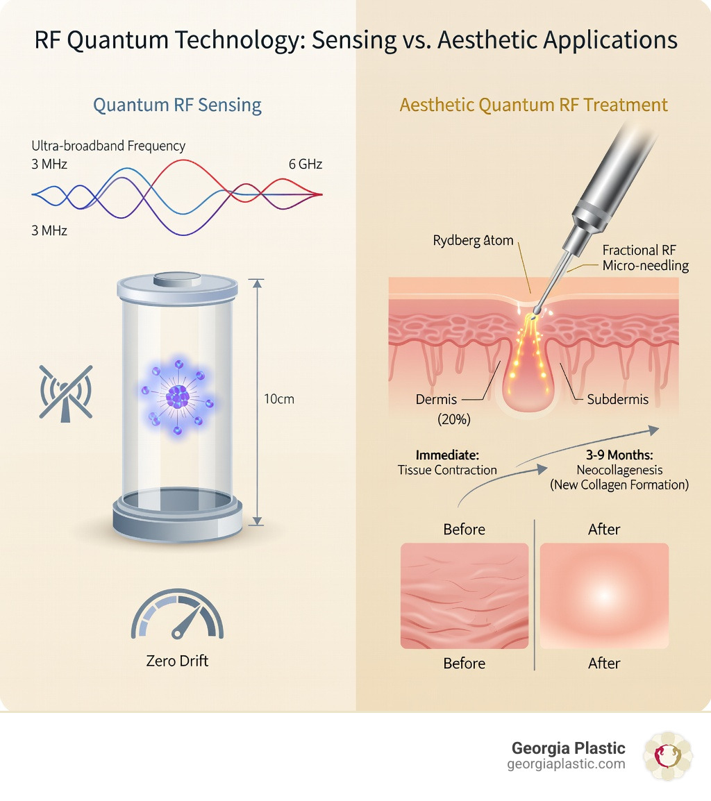 Infographic showing RF Quantum technology comparison: On left, quantum sensing using Rydberg atoms for antenna-less signal detection with ultra-broadband coverage 3 MHz-6 GHz and self-calibration; On right, aesthetic Quantum RF treatment showing fractional RF energy delivery to subdermal layers causing immediate tissue contraction and 3-9 month neocollagenesis with up to 20% immediate improvement - rf quantum infographic Infographic showing RF Quantum technology comparison: On left, quantum sensing using Rydberg atoms for antenna-less signal detection with ultra-broadband coverage 3 MHz-6 GHz and self-calibration; On right, aesthetic Quantum RF treatment showing fractional RF energy delivery to subdermal layers causing immediate tissue contraction and 3-9 month neocollagenesis with up to 20% immediate improvement - rf quantum infographic