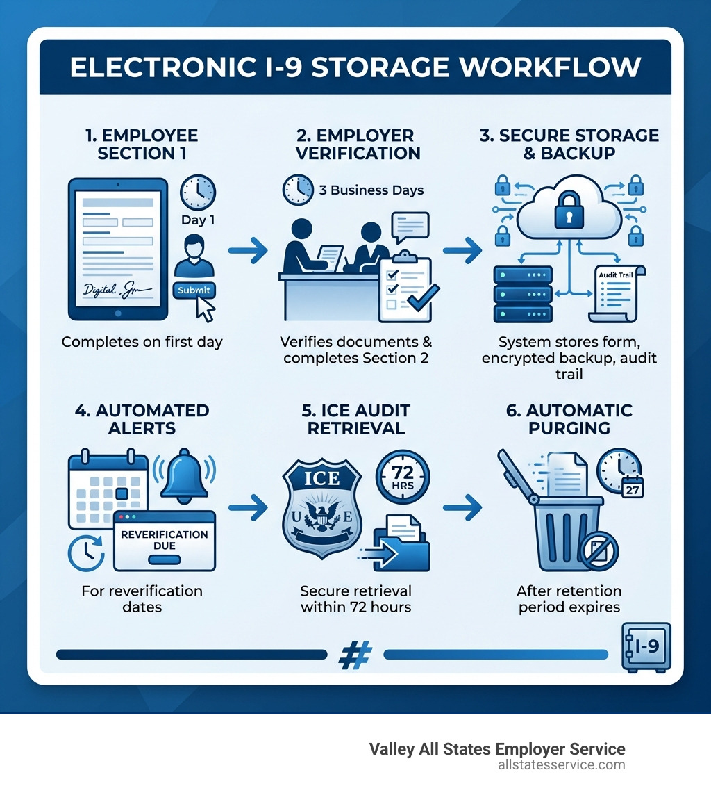Infographic showing the I-9 electronic storage workflow: Employee completes Section 1 on first day → Employer or authorized rep verifies documents and completes Section 2 within 3 business days → System stores form with encrypted backup and audit trail → Automated alerts for reverification dates → Secure retrieval for ICE audits within 72 hours → Automatic purging after retention period expires - i 9 electronic storage software infographic 