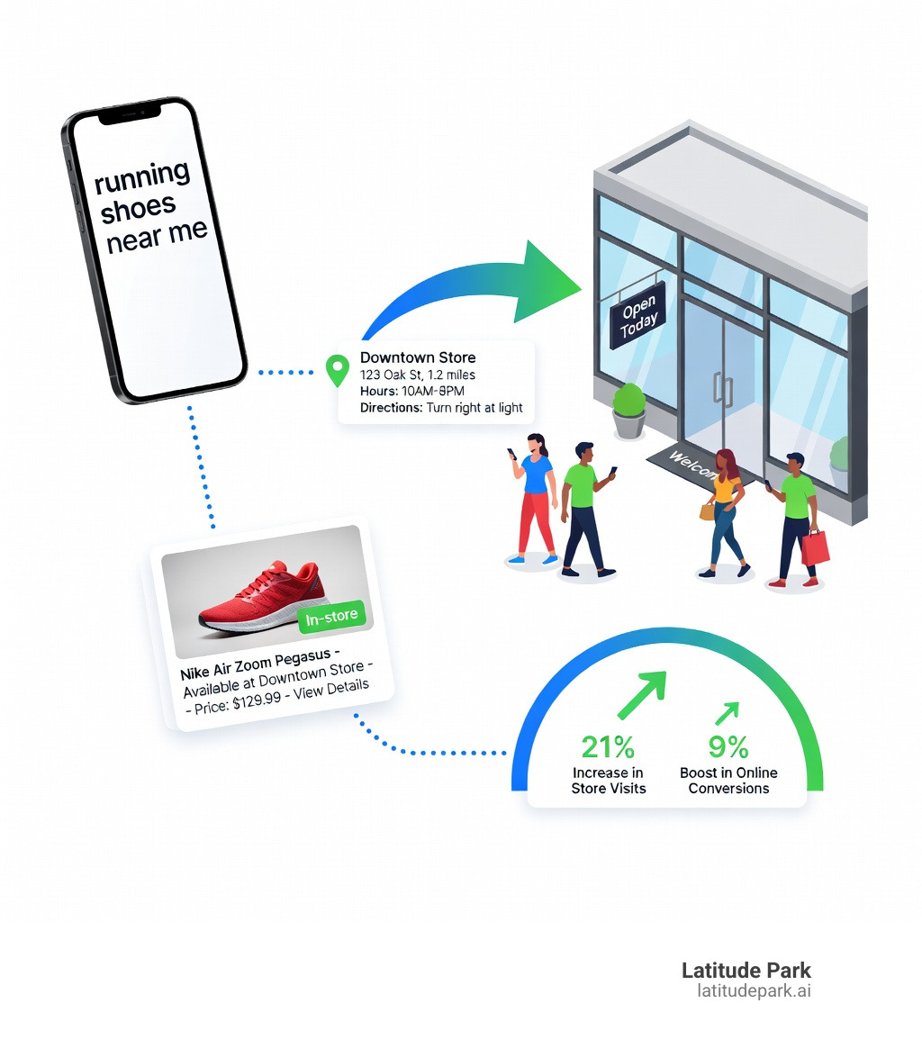 Infographic showing the local inventory ads ecosystem: consumer searches on mobile device with local intent, sees Local Inventory Ad with in-store label and product availability, clicks to view store details including hours and directions, visits physical store location, resulting in increased foot traffic and measurable store visits tracked through Google Ads - local inventory ads infographic 