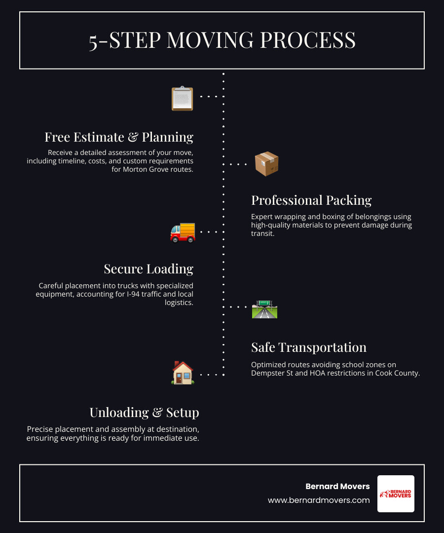 5-step moving process infographic showing: 1) Professional estimate and planning 2) Professional packing and preparation 3) Secure loading with proper equipment 4) Safe transportation via optimal routes 5) Careful unloading and setup at destination - movers Morton Grove IL infographic infographic-line-5-steps-dark