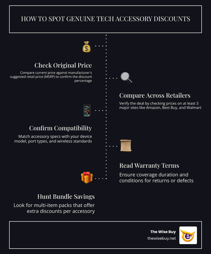 infographic showing how to identify genuine tech accessory discounts: check original retail price, compare across 3+ retailers, verify compatibility with your devices, read warranty terms, look for certified refurbished options, calculate price per use, and watch for bundle savings opportunities - tech accessories deals infographic infographic-line-5-steps-dark