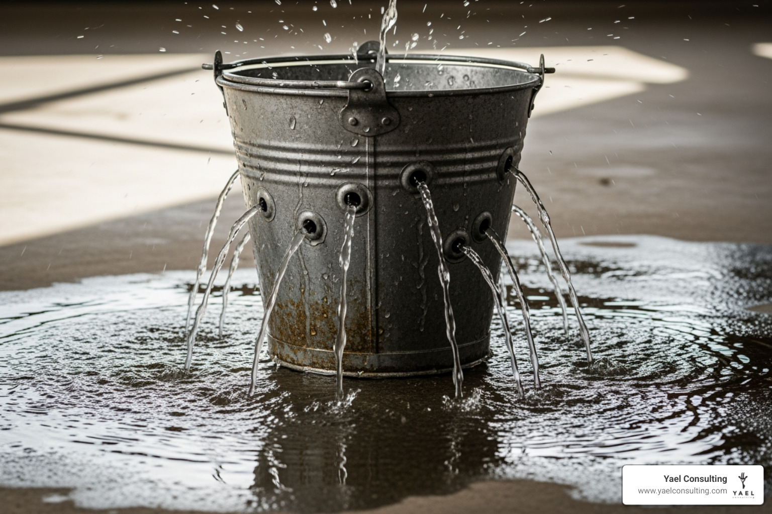 Leaking bucket representing wasted ad spend - Free Google Ads audit Leaking bucket representing wasted ad spend - Free Google Ads audit