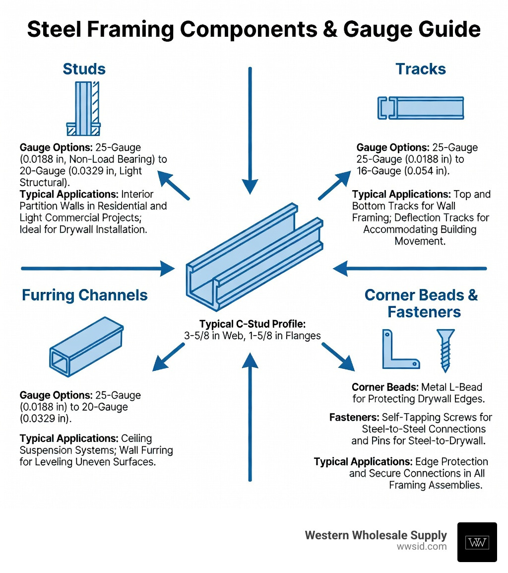infographic showing steel framing components including studs, tracks, furring channels, corner beads, fasteners, and gauge options from 25-gauge non-load bearing to 16-gauge structural with typical applications for each - steel framing near me infographic infographic showing steel framing components including studs, tracks, furring channels, corner beads, fasteners, and gauge options from 25-gauge non-load bearing to 16-gauge structural with typical applications for each - steel framing near me infographic