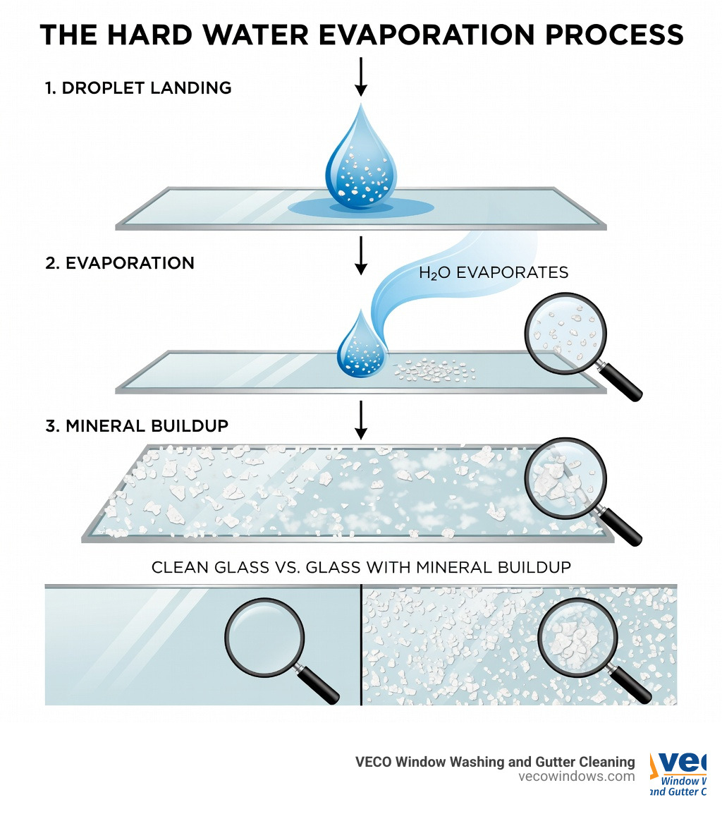 Infographic showing the hard water evaporation process: water droplets containing dissolved calcium and magnesium minerals land on glass surface, water evaporates leaving behind white mineral deposits that form hard water spots, with comparison of clean glass versus glass with mineral buildup - hard water spot removal infographic Infographic showing the hard water evaporation process: water droplets containing dissolved calcium and magnesium minerals land on glass surface, water evaporates leaving behind white mineral deposits that form hard water spots, with comparison of clean glass versus glass with mineral buildup - hard water spot removal infographic