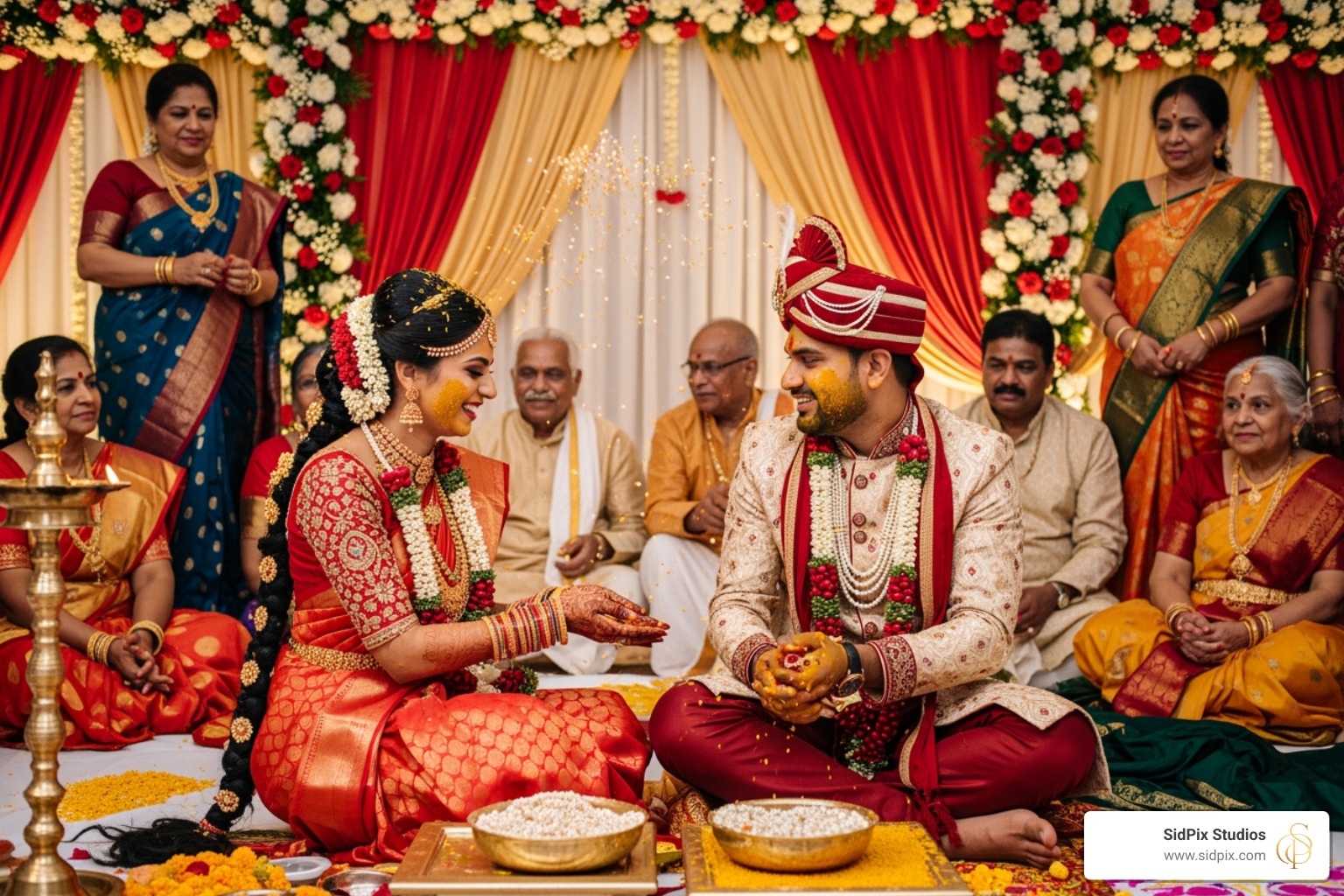 A traditional Telugu Talambralu ceremony where the bride and groom playfully shower each other with pearls and turmeric-colored rice - indian wedding photographers near me