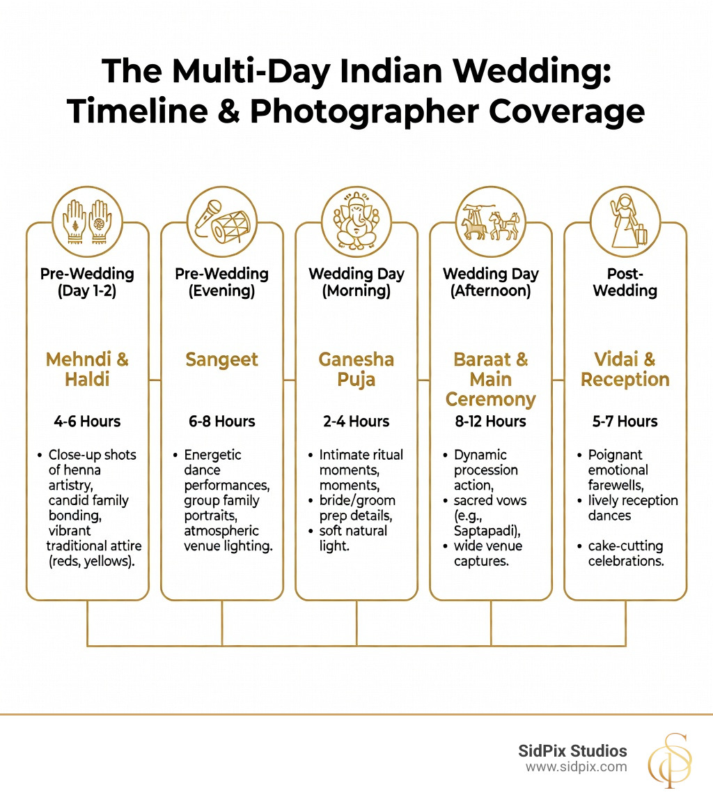 Detailed infographic showing the timeline of a multi-day Indian wedding celebration, including pre-wedding events like Mehndi and Sangeet, main ceremony rituals like Baraat and Ganesha Puja, and post-wedding traditions like Vidai and reception, with typical hours and photographer coverage needs for each event - indian wedding photographers near me infographic 