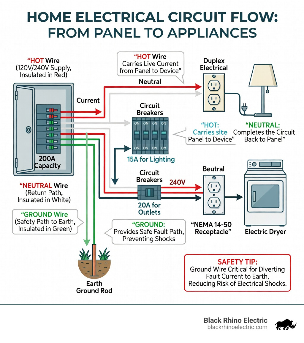 infographic explaining how a home circuit works showing the flow of electricity from the main panel through breakers to outlets and appliances, including the roles of hot, neutral, and ground wires - common home electrical problems infographic 