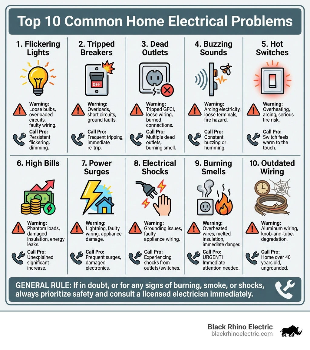 infographic showing the top 10 common home electrical problems with icons for flickering lights, tripped breakers, dead outlets, buzzing sounds, hot switches, high bills, power surges, electrical shocks, burning smells, and outdated wiring, along with warning signs and when to call a professional - common home electrical problems infographic 