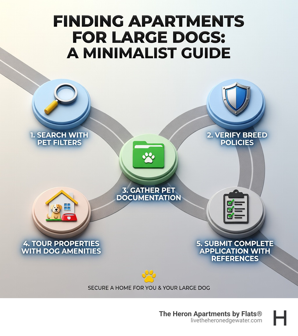 infographic showing steps to find apartments that accept large dogs: search with pet filters, verify breed policies, gather pet documentation, tour properties with dog amenities, and submit complete application with references - apartments that take large dogs infographic 
