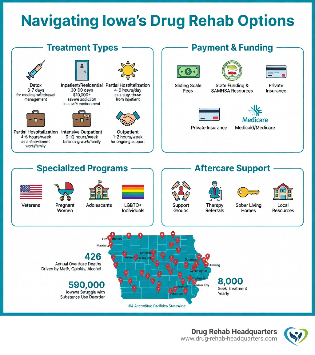Infographic showing Iowa rehab options by treatment type, payment methods, specialized services, and aftercare resources - Drug Rehab Centers Iowa infographic 