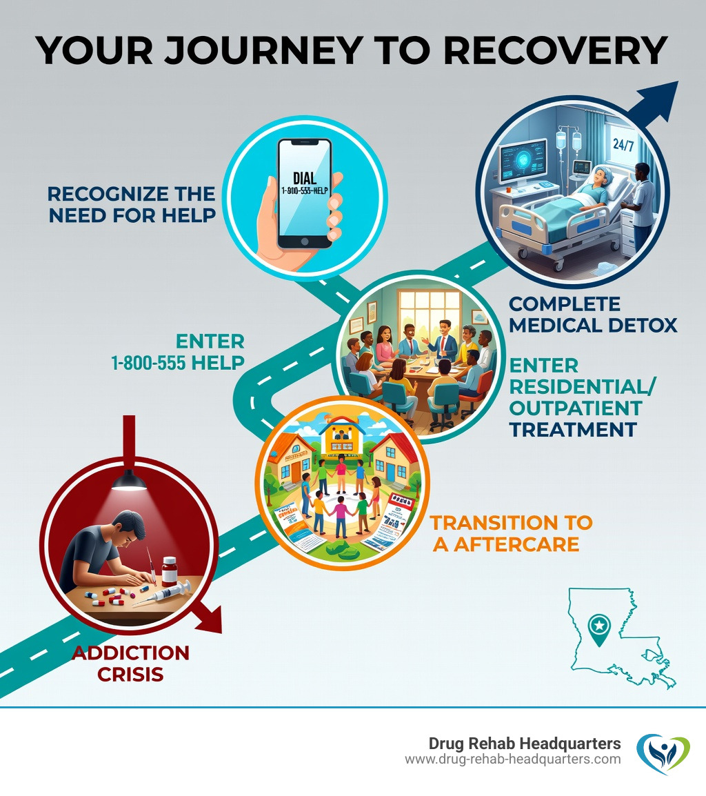 Infographic showing the path from addiction crisis to recovery: Step 1 - Recognize the need for help and contact a treatment center; Step 2 - Complete medical detox with 24/7 supervision (3-7 days); Step 3 - Enter residential or outpatient treatment with therapy and counseling (28-90+ days); Step 4 - Transition to aftercare, sober living, and support groups for long-term sobriety - Louisiana Drug Rehab infographic 