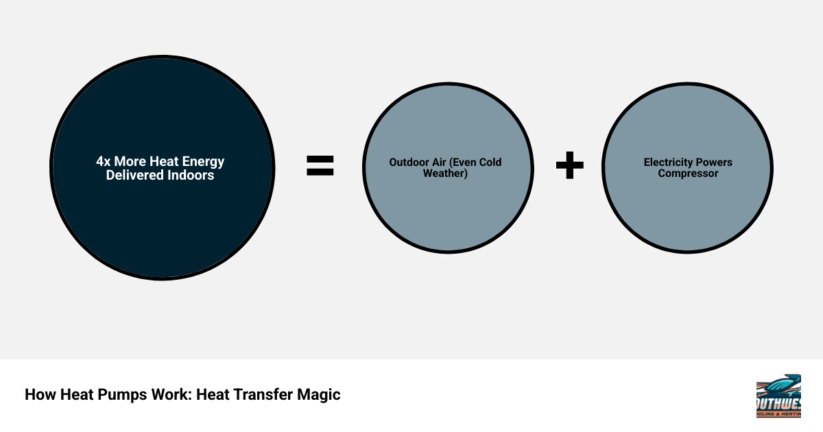 Infographic showing heat pump operation: In cooling mode, refrigerant absorbs heat from indoor air and releases it outside through the outdoor coil. In heating mode, the cycle reverses—refrigerant absorbs heat from outdoor air (even in cold weather) and releases it inside through the indoor coil. Key components include the compressor, reversing valve, indoor coil, outdoor coil, and expansion valve. Heat pumps can deliver 2-4 times more energy than they consume by transferring heat rather than generating it. - heat pump in hurricane ut infographic sum_of_parts