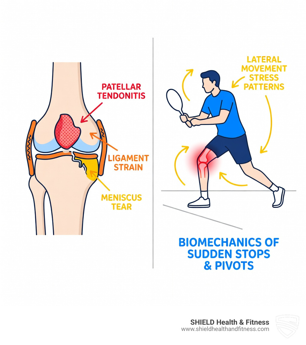 infographic showing common pickleball knee injuries including patellar tendonitis locations, ligament strain points, meniscus tear areas, lateral movement stress patterns, and the biomechanics of sudden stops and pivots - Knee support pickleball infographic 