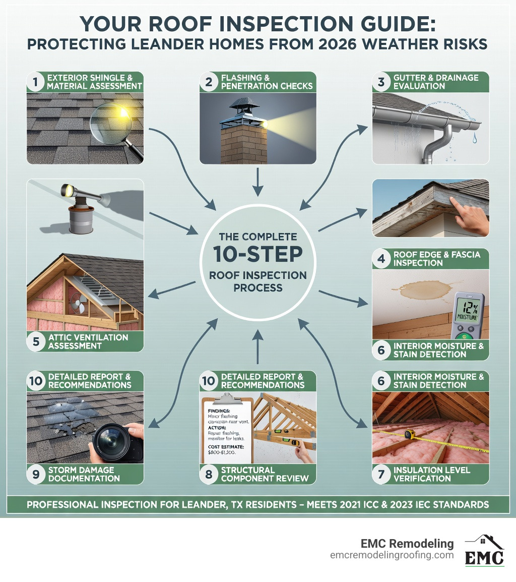 Infographic showing the complete roof inspection process: 1) Exterior shingle and material assessment, 2) Flashing and penetration checks around chimneys and vents, 3) Gutter and drainage evaluation, 4) Roof edge and fascia inspection, 5) Attic ventilation assessment, 6) Interior moisture and stain detection, 7) Insulation level verification, 8) Structural component review, 9) Storm damage documentation with photos, 10) Detailed report with repair recommendations and cost estimates - roof inspection Leander TX infographic Infographic showing the complete roof inspection process: 1) Exterior shingle and material assessment, 2) Flashing and penetration checks around chimneys and vents, 3) Gutter and drainage evaluation, 4) Roof edge and fascia inspection, 5) Attic ventilation assessment, 6) Interior moisture and stain detection, 7) Insulation level verification, 8) Structural component review, 9) Storm damage documentation with photos, 10) Detailed report with repair recommendations and cost estimates - roof inspection Leander TX infographic