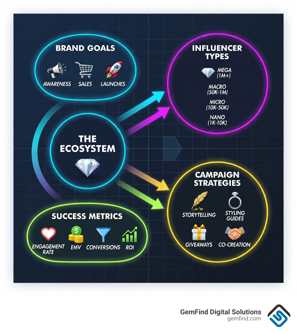 infographic showing the jewelry influencer marketing ecosystem with four connected components: Brand Goals (awareness, sales, launches), Influencer Types (nano 1K-10K followers, micro 10K-50K, macro 50K-1M, mega 1M+), Campaign Strategies (storytelling, styling guides, giveaways, co-creation), and Success Metrics (engagement rate, EMV, conversions, ROI) - Jewelry influencer marketing infographic infographic showing the jewelry influencer marketing ecosystem with four connected components: Brand Goals (awareness, sales, launches), Influencer Types (nano 1K-10K followers, micro 10K-50K, macro 50K-1M, mega 1M+), Campaign Strategies (storytelling, styling guides, giveaways, co-creation), and Success Metrics (engagement rate, EMV, conversions, ROI) - Jewelry influencer marketing infographic