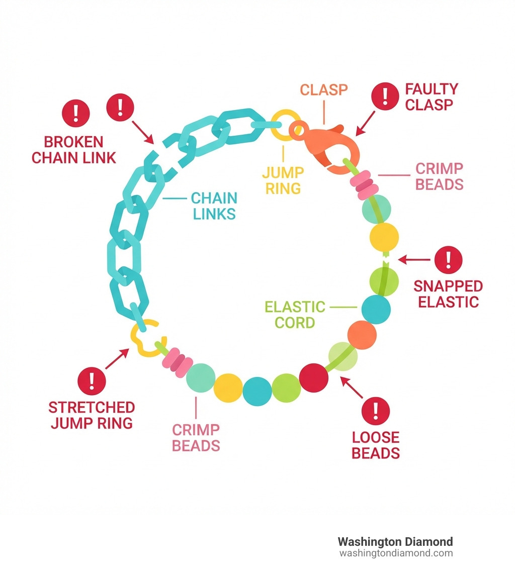 infographic showing bracelet anatomy including chain links, jump rings, clasps, crimp beads, elastic cord, and common break points with labels - Fix broken bracelet infographic 