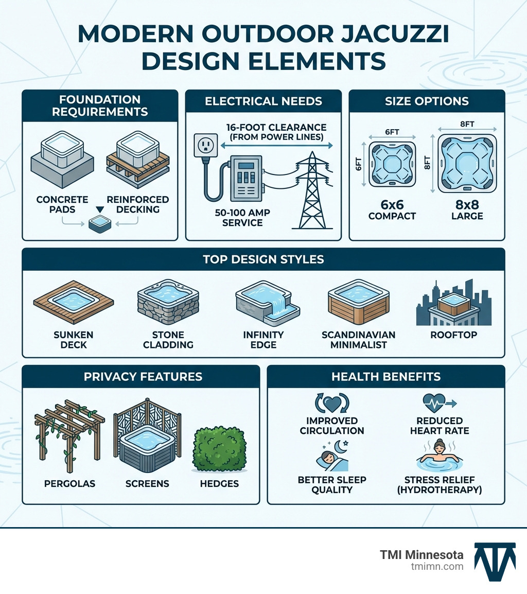 Infographic showing modern outdoor jacuzzi design elements including foundation requirements (concrete pads or reinforced decking), electrical needs (50-100 amp service with 16-foot clearance from power lines), size options (6x6 compact to 8x8 large), top design styles (sunken deck, stone cladding, infinity edge, Scandinavian minimalist, rooftop), privacy features (pergolas, screens, hedges), and health benefits (improved circulation, reduced heart rate, better sleep quality, stress relief through hydrotherapy) - modern outdoor jacuzzi designs infographic 