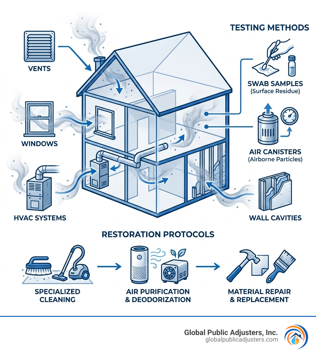 infographic showing smoke infiltration pathways through HVAC systems, windows, vents, and wall cavities with testing methods including swab samples, air canisters, and restoration protocols - Smoke damage claim infographic 