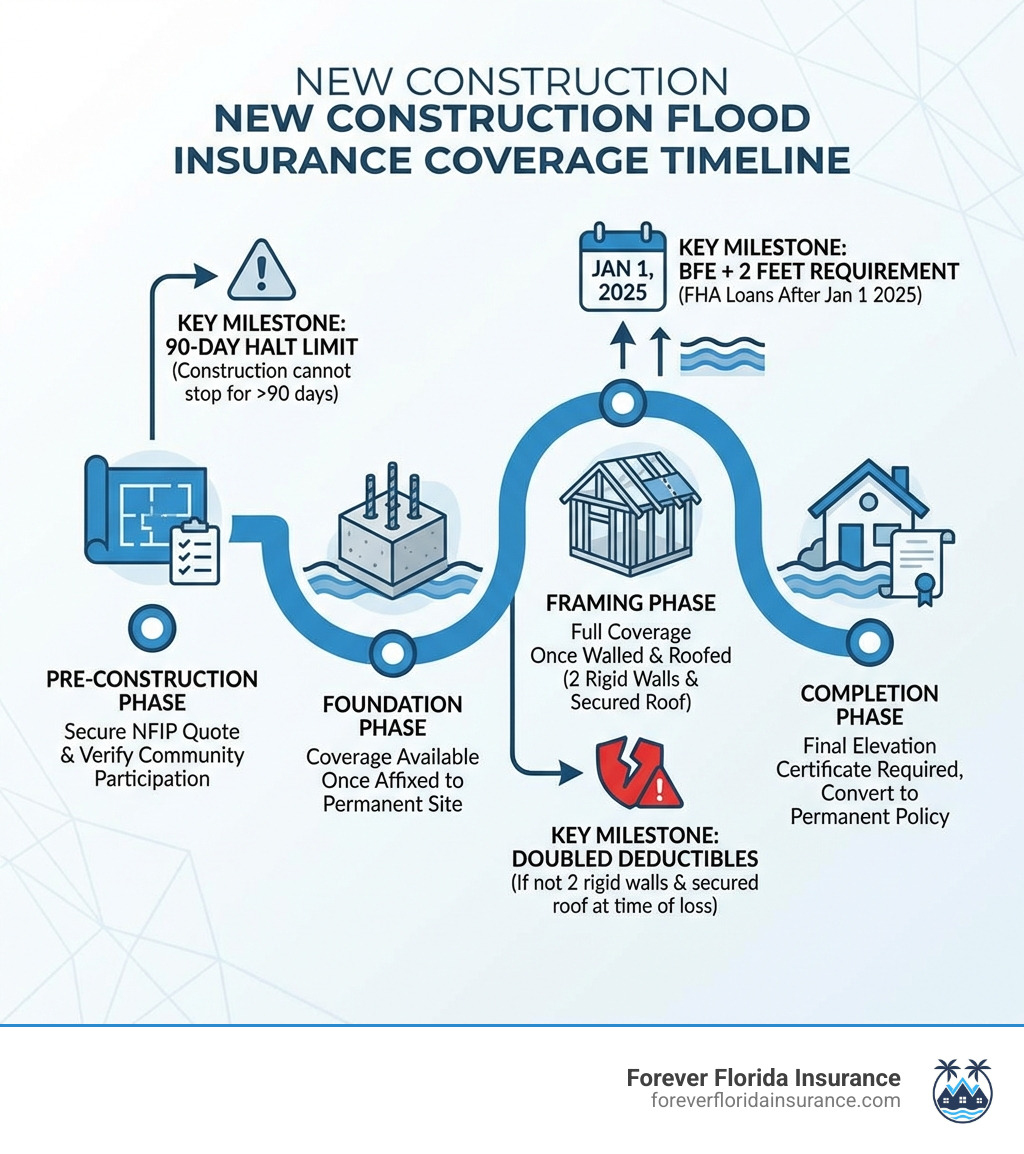 Infographic showing timeline of flood insurance coverage for new construction: Pre-construction phase (secure NFIP quote and verify community participation), Foundation phase (coverage available once affixed to permanent site), Framing phase (full coverage once walled and roofed with 2 rigid walls and secured roof), Completion phase (final Elevation Certificate required, convert to permanent policy), with key milestones including 90-day halt limit, doubled deductibles before walled/roofed, and BFE+2 feet requirement for FHA loans after Jan 1 2025 - new construction flood insurance infographic Infographic showing timeline of flood insurance coverage for new construction: Pre-construction phase (secure NFIP quote and verify community participation), Foundation phase (coverage available once affixed to permanent site), Framing phase (full coverage once walled and roofed with 2 rigid walls and secured roof), Completion phase (final Elevation Certificate required, convert to permanent policy), with key milestones including 90-day halt limit, doubled deductibles before walled/roofed, and BFE+2 feet requirement for FHA loans after Jan 1 2025 - new construction flood insurance infographic
