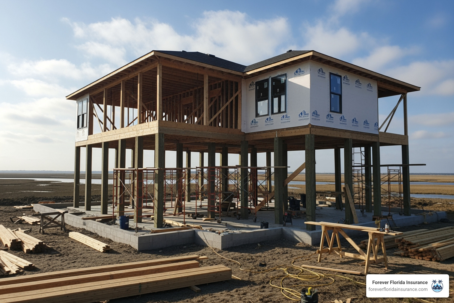 house being built on an elevated pier foundation - new construction flood insurance house being built on an elevated pier foundation - new construction flood insurance