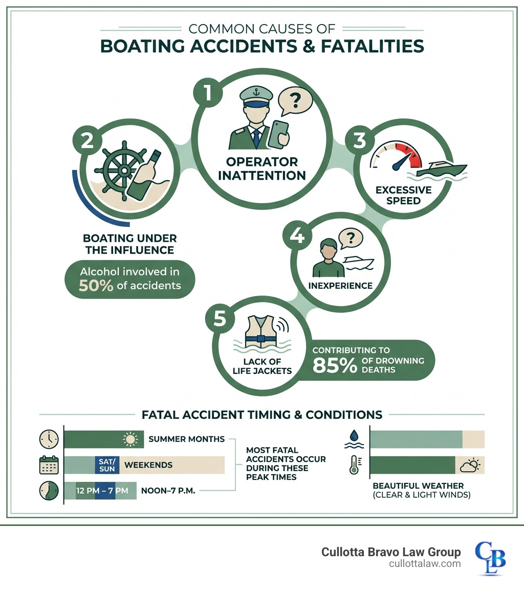Infographic showing common causes of boating accidents including operator inattention at number one, followed by boating under the influence with alcohol involved in 50% of accidents, excessive speed, inexperience, and lack of life jackets contributing to 85% of drowning deaths, plus statistics showing most fatal accidents occur on weekends between noon and 7 p.m. during summer months - boat accident attorney infographic 