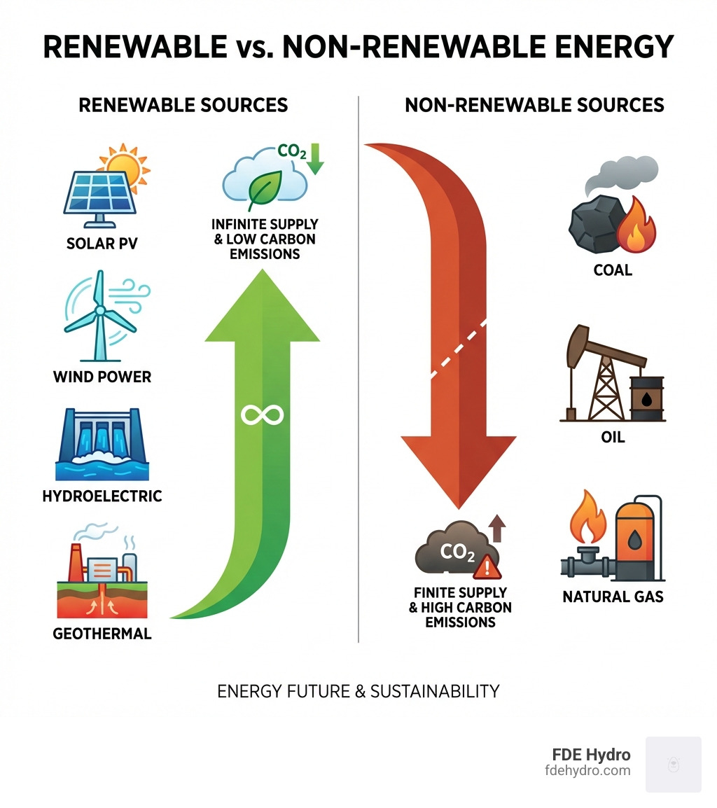 infographic comparing renewable vs non-renewable energy sources, showing solar panels, wind turbines, hydroelectric dams, and geothermal plants on one side versus coal, oil, and natural gas on the other, with arrows indicating finite vs infinite supply and high vs low carbon emissions - best renewable energy infographic 