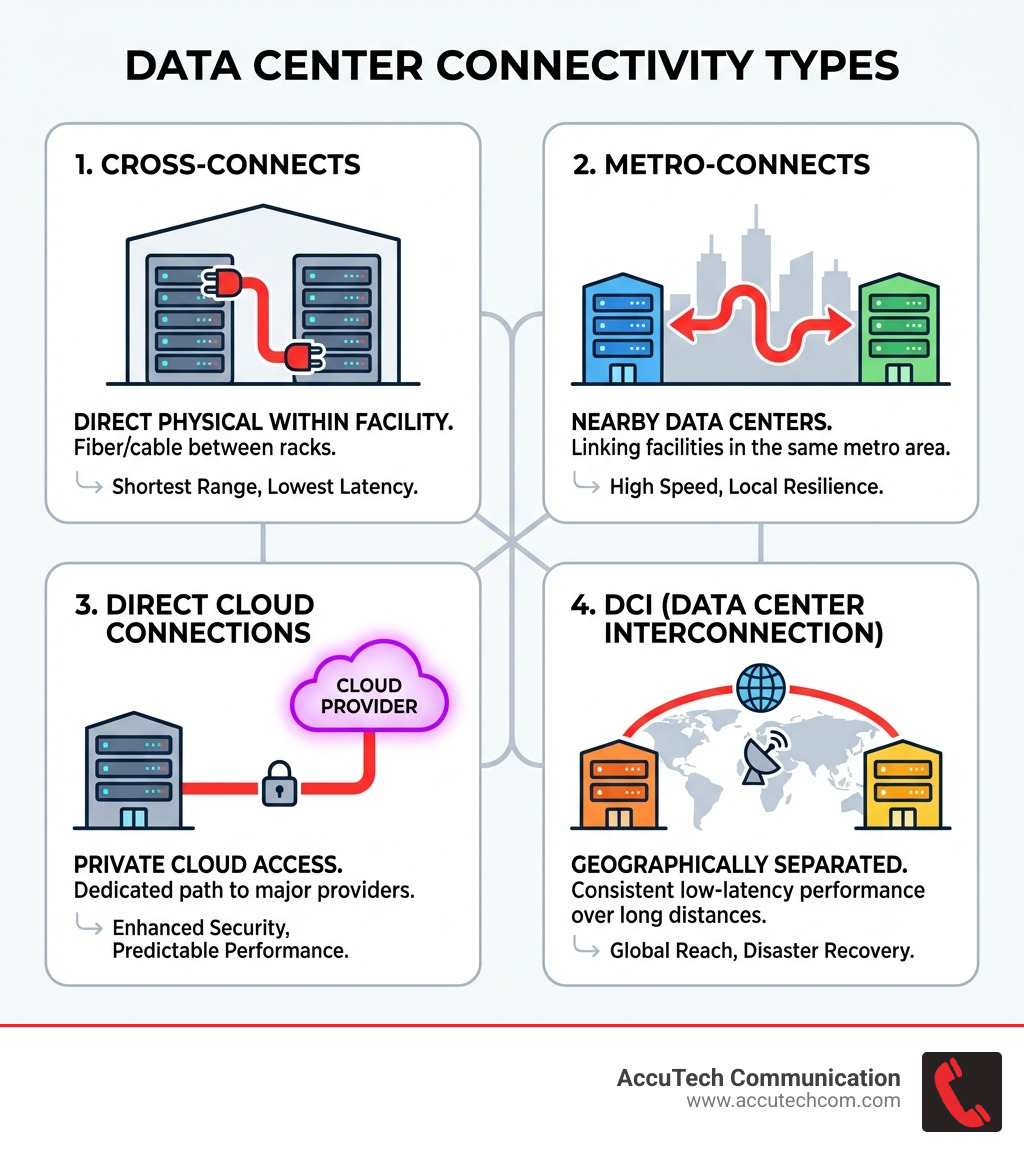 Infographic showing data center connectivity types: cross-connects for direct physical connections within facilities, metro-connects for connections between nearby data centers, direct cloud connections for private access to cloud providers, and DCI for linking geographically separated facilities with consistent low-latency performance - Data center connectivity infographic Infographic showing data center connectivity types: cross-connects for direct physical connections within facilities, metro-connects for connections between nearby data centers, direct cloud connections for private access to cloud providers, and DCI for linking geographically separated facilities with consistent low-latency performance - Data center connectivity infographic