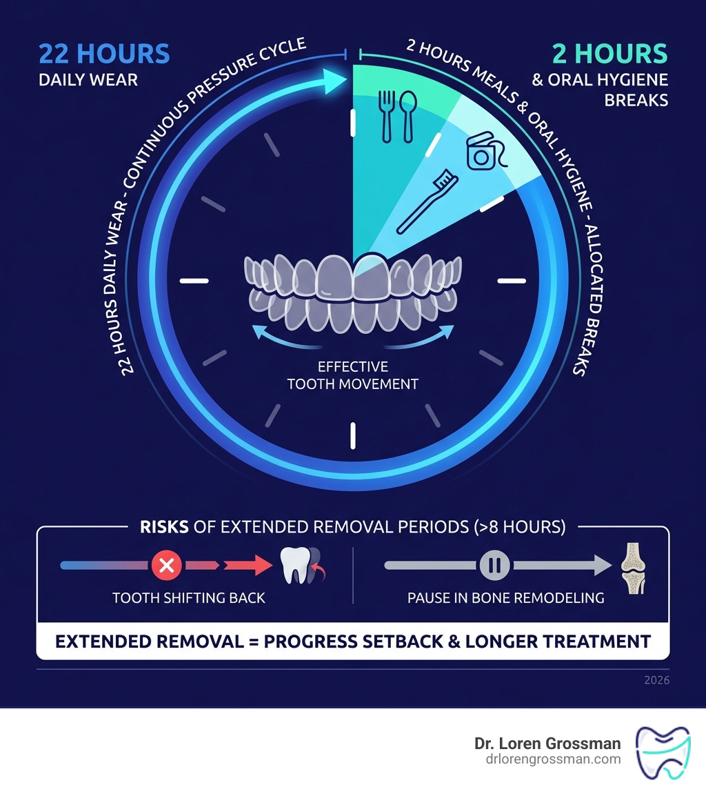 Infographic showing the 22-hour daily Invisalign wear schedule with 2 hours allocated for meals and oral hygiene, demonstrating the continuous pressure cycle needed for effective tooth movement and highlighting the risks of extended removal periods beyond 8 hours - not wearing invisalign for a day infographic 