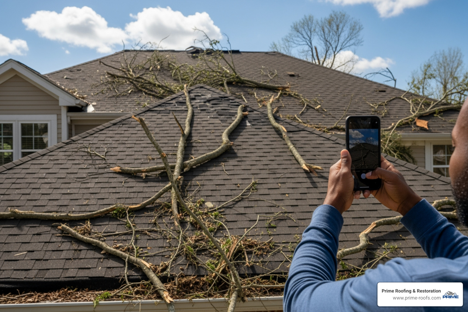 homeowner taking photos of roof damage - how to find professionals for storm damage repair quickly