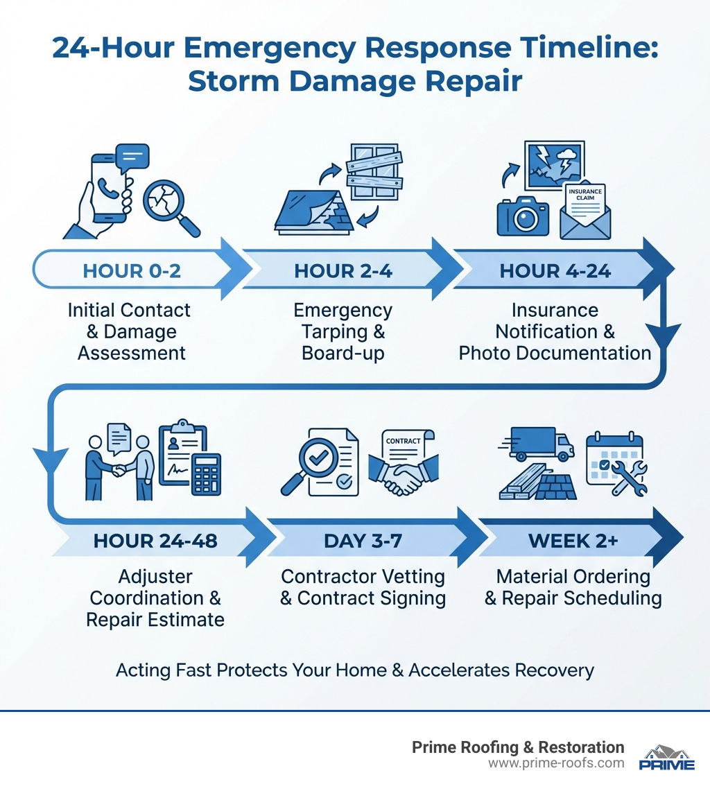 infographic showing 24-hour emergency response timeline: Hour 0-2 initial contact and damage assessment, Hour 2-4 emergency tarping and board-up, Hour 4-24 insurance notification and photo documentation, Hour 24-48 adjuster coordination and repair estimate, Day 3-7 contractor vetting and contract signing, Week 2+ material ordering and repair scheduling - how to find professionals for storm damage repair quickly infographic 
