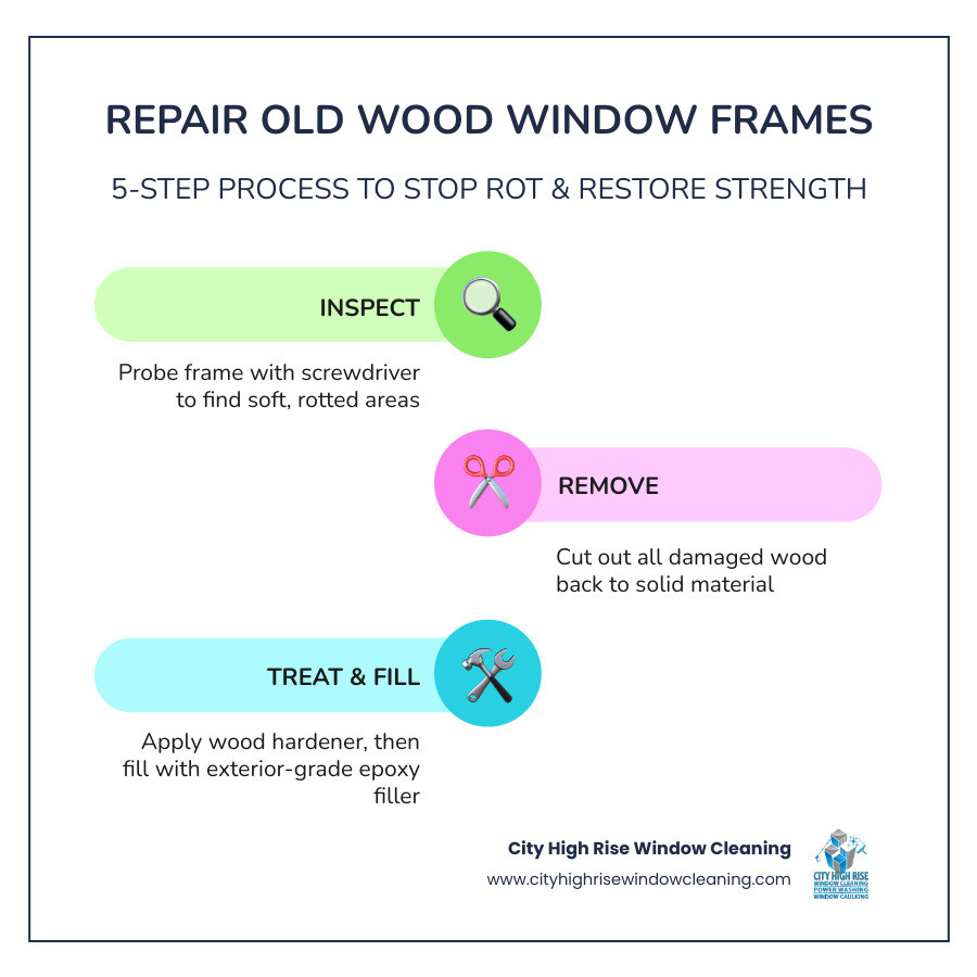 Infographic showing the 5-step wood window frame repair process: 1. Inspect and identify rot with screwdriver probe 2. Remove all soft damaged wood 3. Apply wood hardener and let dry 4. Fill with exterior epoxy and shape 5. Sand, prime, and paint with two coats. Includes before image of rotted frame and after image of restored painted frame - how do i repair old wood window frame infographic infographic-line-3-steps-colors Infographic showing the 5-step wood window frame repair process: 1. Inspect and identify rot with screwdriver probe 2. Remove all soft damaged wood 3. Apply wood hardener and let dry 4. Fill with exterior epoxy and shape 5. Sand, prime, and paint with two coats. Includes before image of rotted frame and after image of restored painted frame - how do i repair old wood window frame infographic infographic-line-3-steps-colors