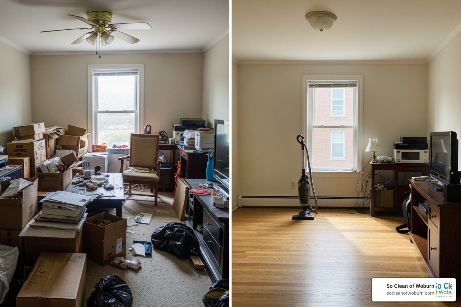 A side-by-side comparison of a cluttered living room filled with old boxes and broken furniture versus a completely cleared, vacuumed, and brightened room - apartment cleanouts near me A side-by-side comparison of a cluttered living room filled with old boxes and broken furniture versus a completely cleared, vacuumed, and brightened room - apartment cleanouts near me